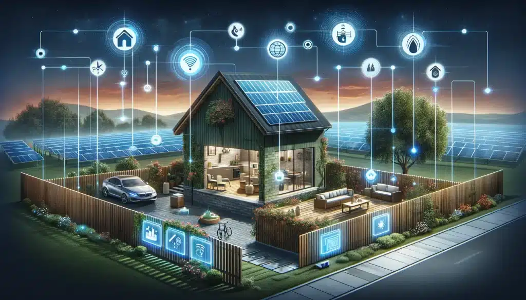 Visuelle Darstellung von Smart Fencing im nachhaltigen Zaunbau, mit integrierten smarten Sensoren, Solarpanels und intelligenten Alarmsystemen, die Effizienz, Nachhaltigkeit und moderne Außengestaltung hervorheben.